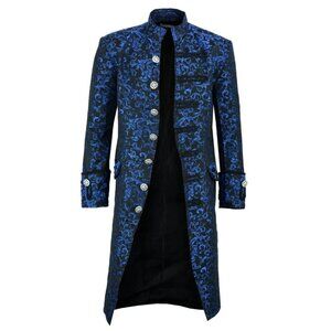 Renaissance Men's Blue Brocade Goth Steampunk Victorian Velvet Frock Coat Usa